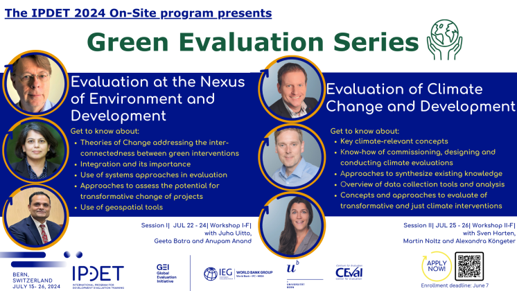 The International Program for Development Evaluation Training (IPDET) presents two workshops on green evaluation as part of its 2024 summer program at the University of Bern in Switzerland.  